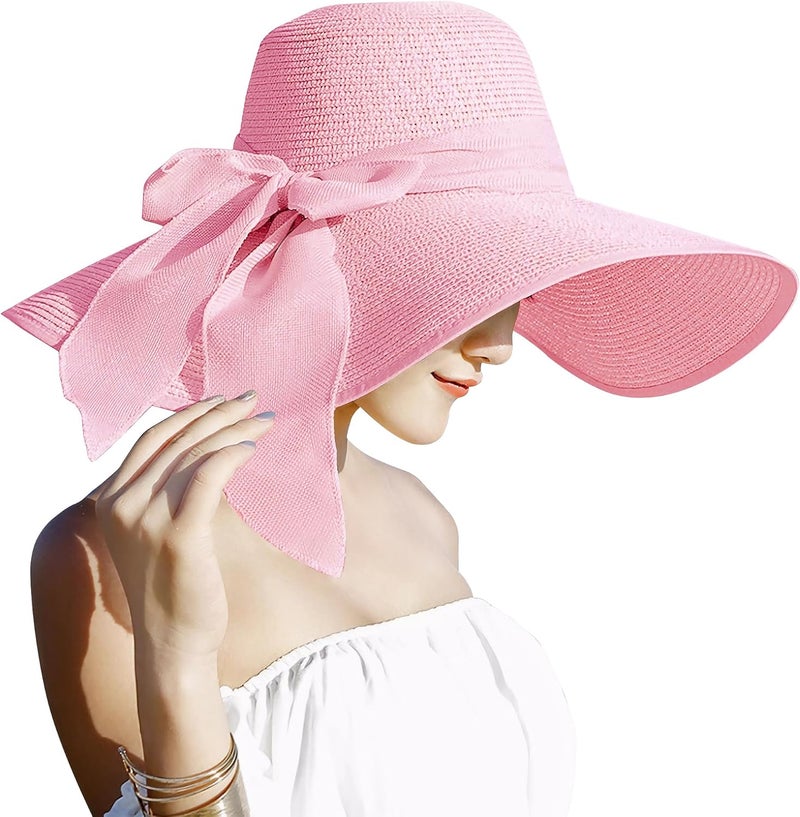 Lanzom Womens 5.7 Inches Big Bowknot Straw Hat Large Floppy Foldable Roll up Beach Cap Sun Hat UPF 50+ - Image 1